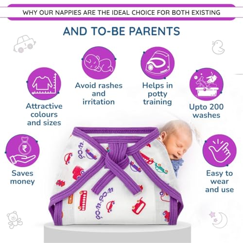 Image of Welcro Nappy For Babies,Reusable,Washable Soft Muslin Cotton Nappy /Langot for New Born Baby|Gentle on Baby Skin|Helps in Potty Training|3-6 months|Pack of 5|Printed