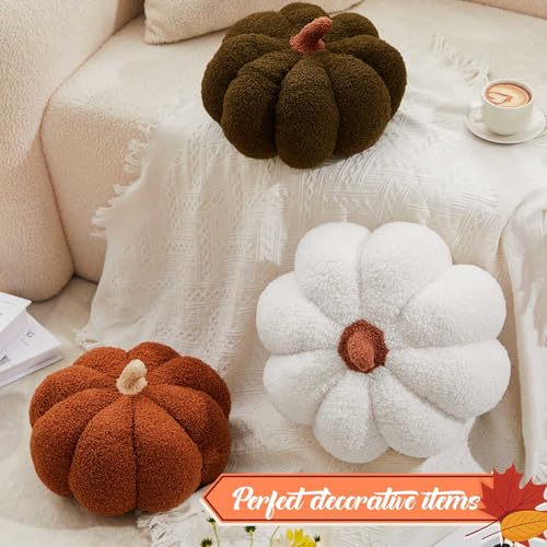 Juexica Gefülltes Kürbiskissen, flauschiges Plüsch, 3D-Kürbis-Form, Dekoration, Herbst, Erntedankfest, Halloween, niedlich, weich, Überwurf für Sofa, Couch, Zubehör (Weiß, Dunkelgrün, Braun), 3 Stück