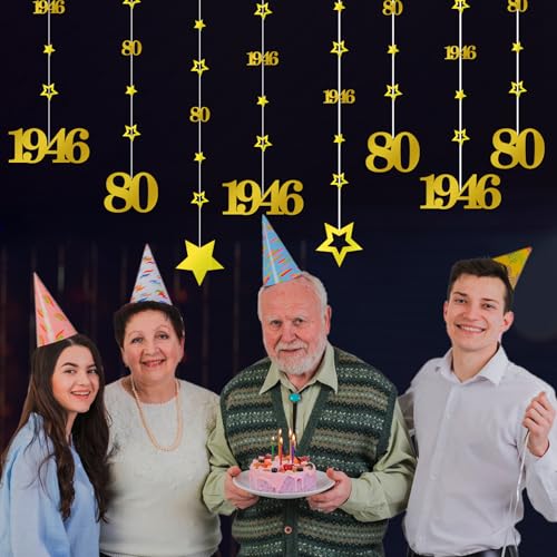 Image of Eucutur Gold 80th Birthday Decorations for Men Women, Pre-Strung Glitter Twinkle Number 80 Years Old Vintage 1946 Hanging Streamer Banner Party Supplies, Cheers 80th Birthday Anniversary Decor