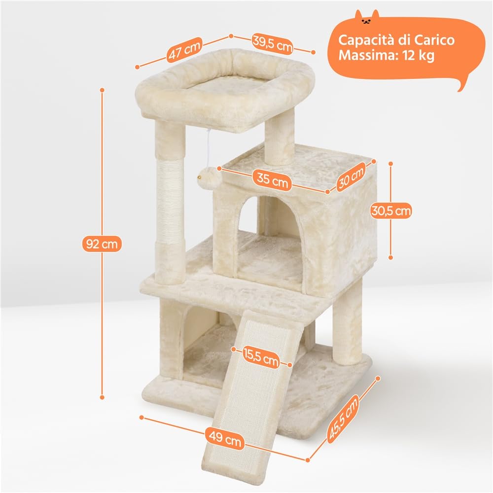 Tiragraffi per Gatti Altezza 92cm Albero con Trespolo Grande,Pompon,Casetta,Scala,Graffiatoi Gioco per Gatti Interni Grigio chiaro
