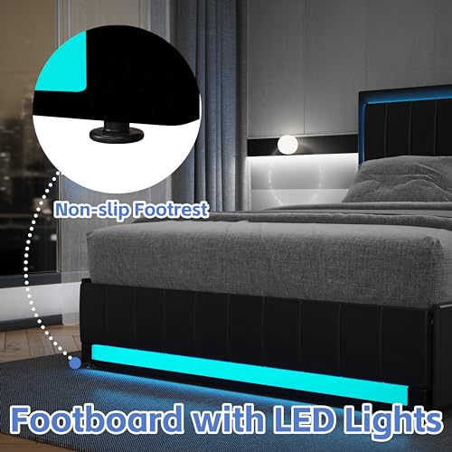 LUODIER Queen Size Leather Bed Frame with Storage Drawers, LED Lights Adjustable Headboard & Led Lights Footboard, Upholstered Platform Bed Frame, Vertical Stitching Design, Black (Black, Queen) - Thumbnail 7