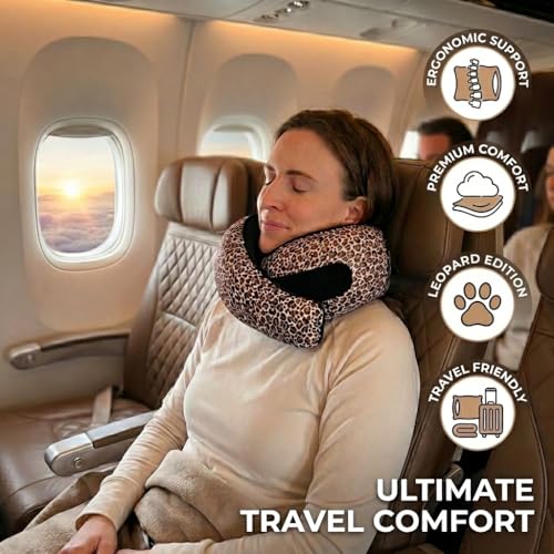 Image of FlyHugz Neck Travel Pillow Memory Foam Neck Pillow for Comfort on Airplane Compact and Ergonomic Design for Travel, Car Rides, and Home Use Ideal for Adults and Kids. (Leopard Print)