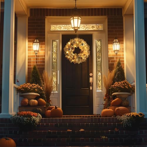 Image of Realistic Fall Wreath with Lights, 22 inch Fall Wreaths for Front Door with Pumpkins Fall Leaves Berries Pine Cones,Autumn Wreath Fall Decorations for Home Thanksgiving Halloween Decorations for Wall Door