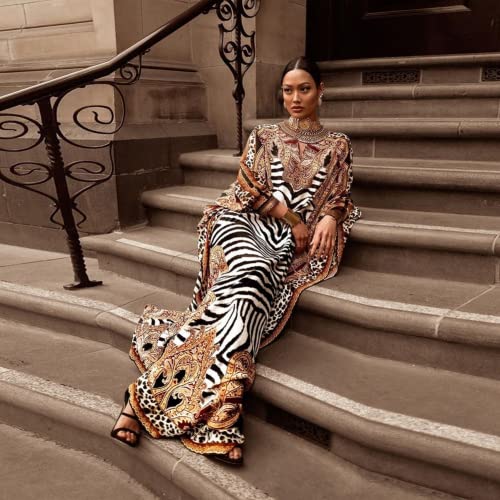 Leopard Zebra Beach Cover ups Women's Turkish Caftan Silk Wrinkle Ethnic Print Plus Size Muslim Kaftans Animal Print Batwing Sleeve Over Sized Caftans Lounge wear Maxi Beach Dress G059 (A-Leopard)3
