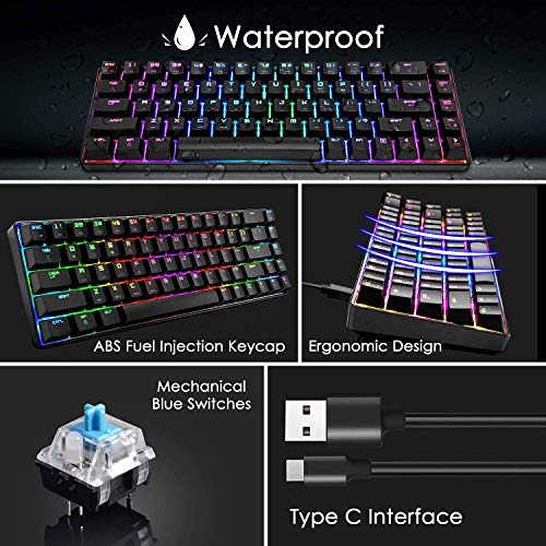 60% Mechanical Gaming Keyboard Blue Switch Mini 68 Keys Wired Type C 18 Backlit Effects,Lightweight Rgb 6400Dpi Honeycomb Optical Mouse,Gaming Mouse Pad For Gamers And Typists (Black) #TOP6