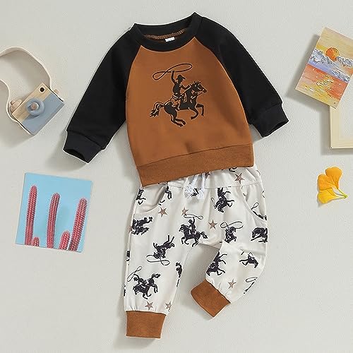 Toddler Kids Boys Long Sleeve Cowboy Letter Printing Color Block Crewneck Sweater Tops Lace Up Pants Outfits3