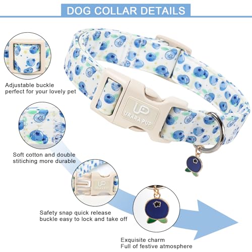 Image of Blueberry Dog Collar, Summer Spring Cotton Dog Collar, Cute Fruit Pattern Adjustable Light Blue Pet Collar, Lightweight Durable Quick Release Buckle with Charm for Male Female Dogs