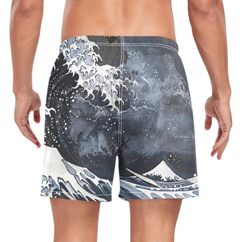 Mens Swim Trunks with Liner, Vintage Japanese Waves Cool Quick Dry Beach Swim Shorts, Swimwear Bathing Suits S2
