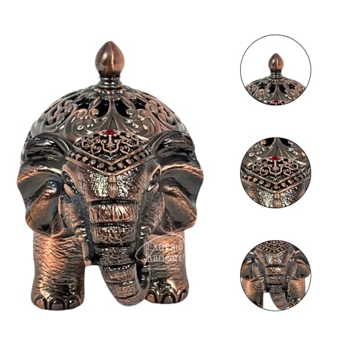 Image of Trunk Down Elephant Incense Cone and Loban Burner, Copper Finish, Handcrafted, Decorative Figurine with Lid, Home Decor, Dhoop Batti and Dhuni Holder for Temple, Meditation