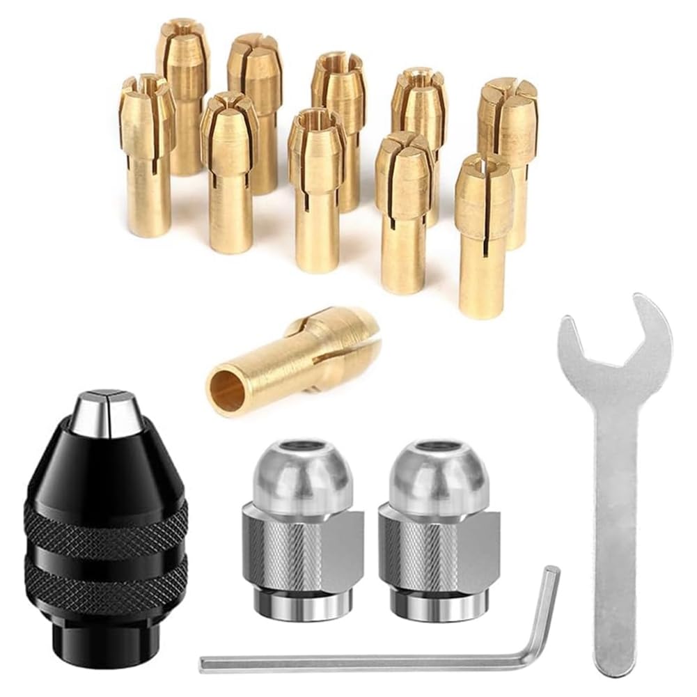 Ximie 16Pcs Drill Chuck Collet Set, 4486 Keyless Quick Change Chuck Rotary Tool With Replacement 4485 Brass Collet Nut Set