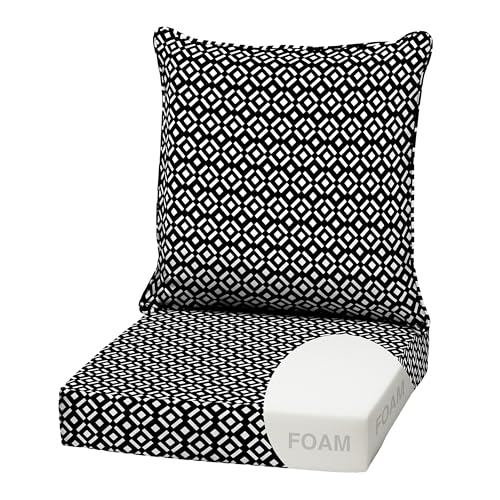 Image of Arden Outdoor Deep Seat Cushion Set, Foam, 22x24, Black Demi Tile | Sofa, Couch, Conversation Set, Premium High-Density Foam, Never Flattens, Mold and Mildew Resistant
