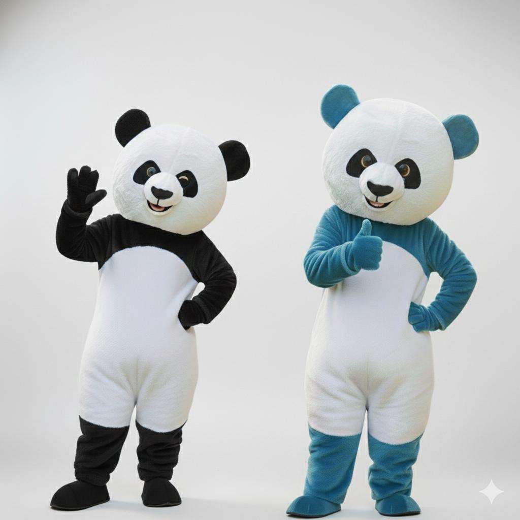 Mascot Cute Panda Costume Combo Set of 2 | Black & Blue Full Body Panda Suit with Dress, Gloves & Shoes | 5.8 Feet Adult Size | Party, Birthday, Event & Halloween Prank Costume