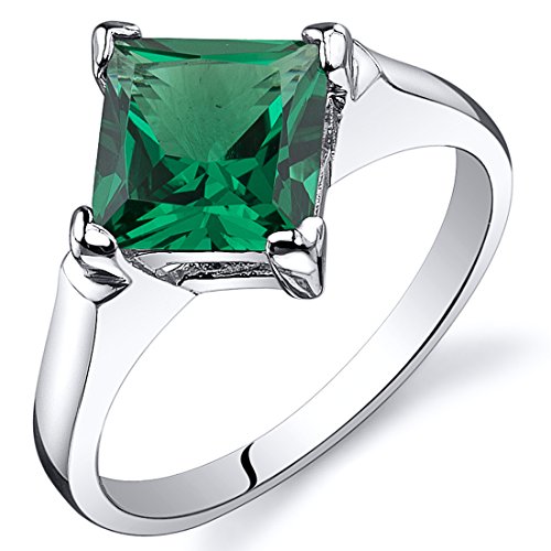 PEORA Simulated Emerald Designer Solitaire Ring for Women 925 Sterling Silver, 1.50 Carats Princess Cut 7mm, Sizes 5 to 9