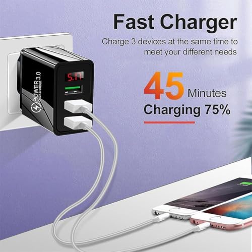 Image of Auorld 36W Fast Charger Travel Adapter with Led Charging Indicator,3 USB Multi Ports Mobile Wall Charger Universal Compatibility for iPhone,Samsung,Pixel Etc