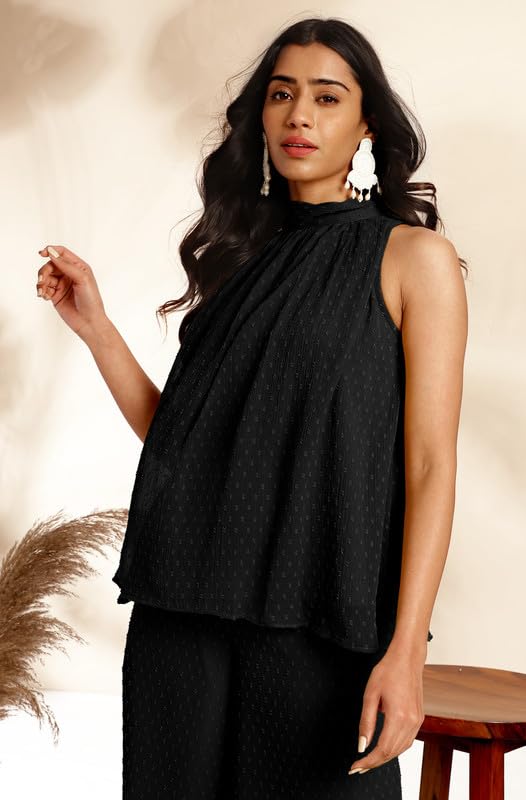 Image of Janasya Women's Chiffon Woven Design Gathered Co-Ord Set