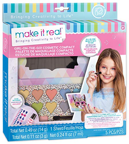 Make It Real - Girl-on-The-Go Cosmetic Compact. Girls Makeup Kit is a Perfect Starter Cosmetic Set for Kids and Tweens. Includes Cat Design Makeup Case, Compact Mirror, Eyeshadow, Blush & Lip Gloss