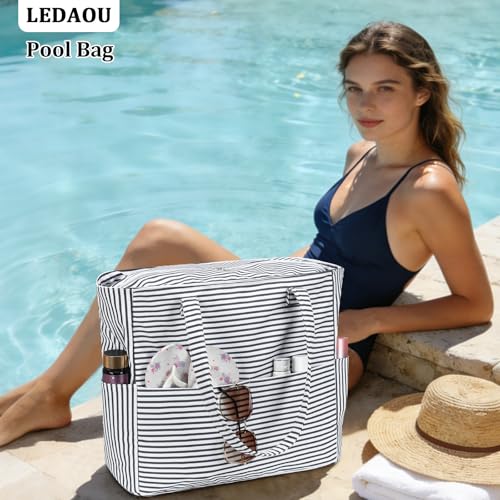 Image of LEDAOU Large Beach Bag Women Waterproof Sandproof Zipper Beach Tote Pool Bag for Swim Gym Grocery Travel with Wet Pocket