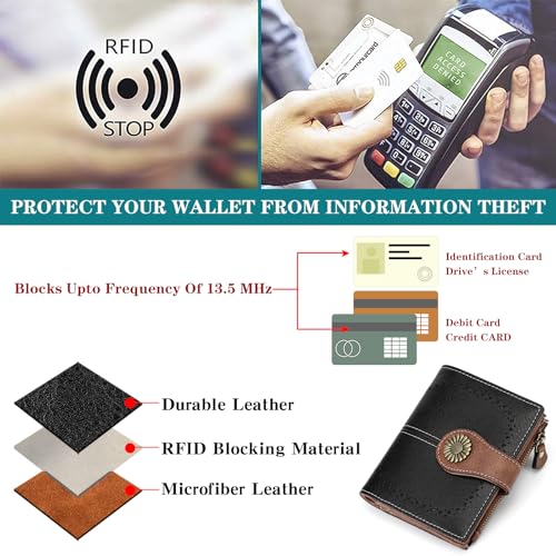 Image of SENDEFN Small Womens Wallet Leather Bifold Card Holder RFID Blocking with Zipper Coin Pocket