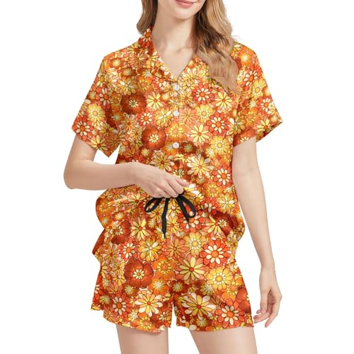 Image of Funny Satin Pajamas Set for Women Button Down Sleepwear Print Pjs Set 2 Piece Short Sleeve Loungewear Gift for Women