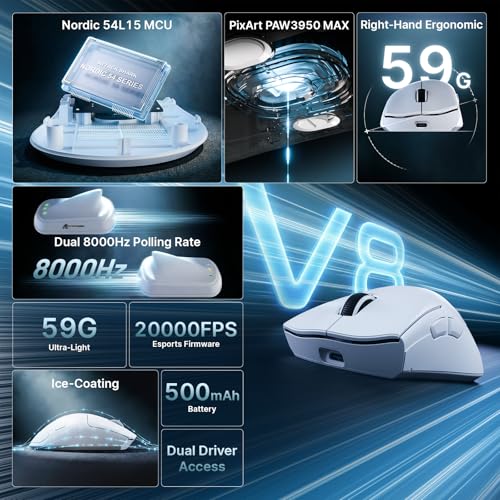 Image of ATTACK SHARK V8 8K Wireless Gaming Mouse Whit 42000 DPI-PAW3950 MAX Sensor-59g Lightweight-Nordic54L15 MCU-400h Battery Life,Triple Modes,Gaming Accessories for PC /Laptop /Mac (White Griptape)
