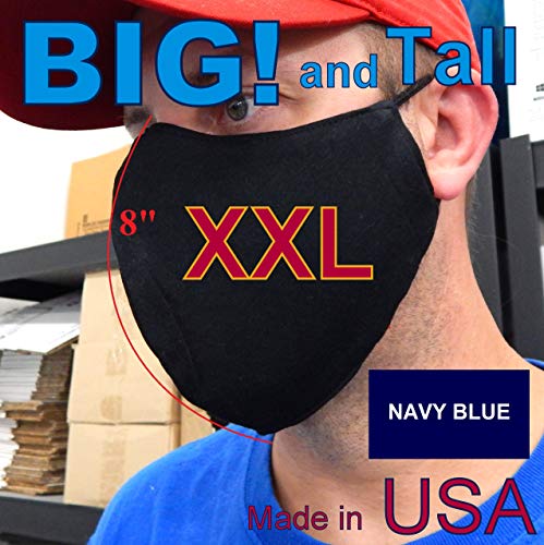 Big and Tall Size XXL Anti Air Dust Cover Unisex Mouth Cover Cotton Washable Reusable Fabric triple Layers 3-D shape, nose wire filter pocket adjustable ear + 2 Carbon Filters for Big Men (Navy Blue)