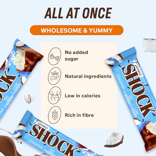 Fitnesshock Protein Bar 12-Pack no added sugar, low carb (3.5g), rich in fibre, low calories, 12pcs Fitness chocolate protein bar, no flour and palm oil, 12x50g coconut flavor - Image 6