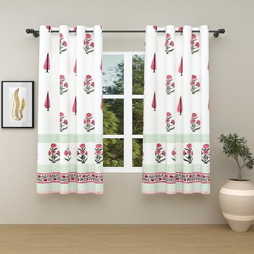 BLOCKS OF INDIA Blackout Hand Block Printed Cotton Daylight Curtains with Eyelets(Set of 2 Curtains) (Block 8, 5Feet/Window), Pink, White