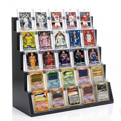 5 Tier Wooden Card Display Stand Vertical Card Holder Display for Trading Cards Game Cards Sports Cards Graded PSA/BGS/SGC Baseball Basketball&Football(Soccer) Card Stand Desk & Shelf Organize Black