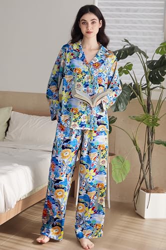 Image of YiNi LuLu Womens Silk Satin Pajamas Set Button Down 2 Piece Pjs Long Sleeve Oversized Sleepwear with Pockets