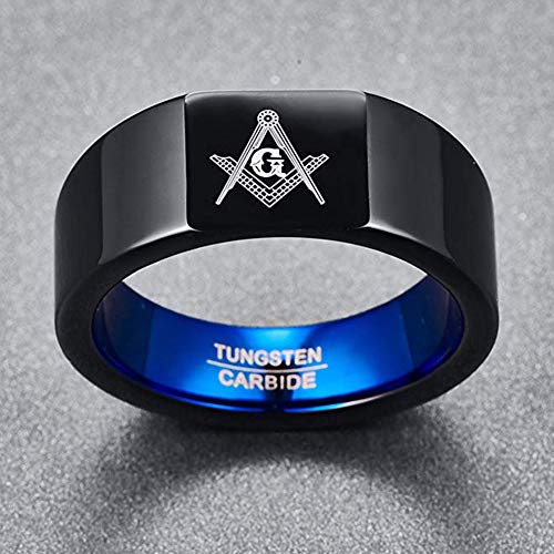 Vakki Black Blue Masonic Tungsten Carbide Square Rings for Men Women Freemason Symbol Ring High Polished Size 7-122