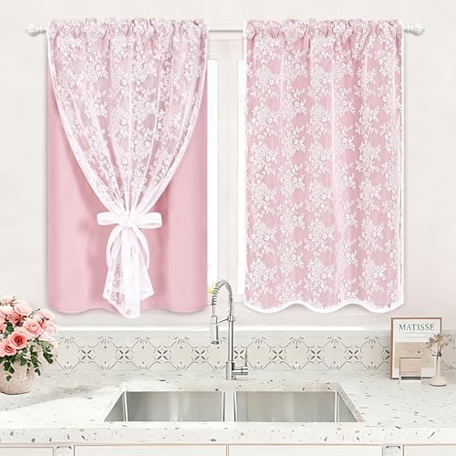 Image of Yinhua Pink Kitchen Curtains 36 Inch Length Double Layer Blackout Cafe Curtains with Floral Sheer Overlay Rod Pocket Short Curtain for Windows, Small Window Curtain for Bathroom, Living Room, 2 Panels