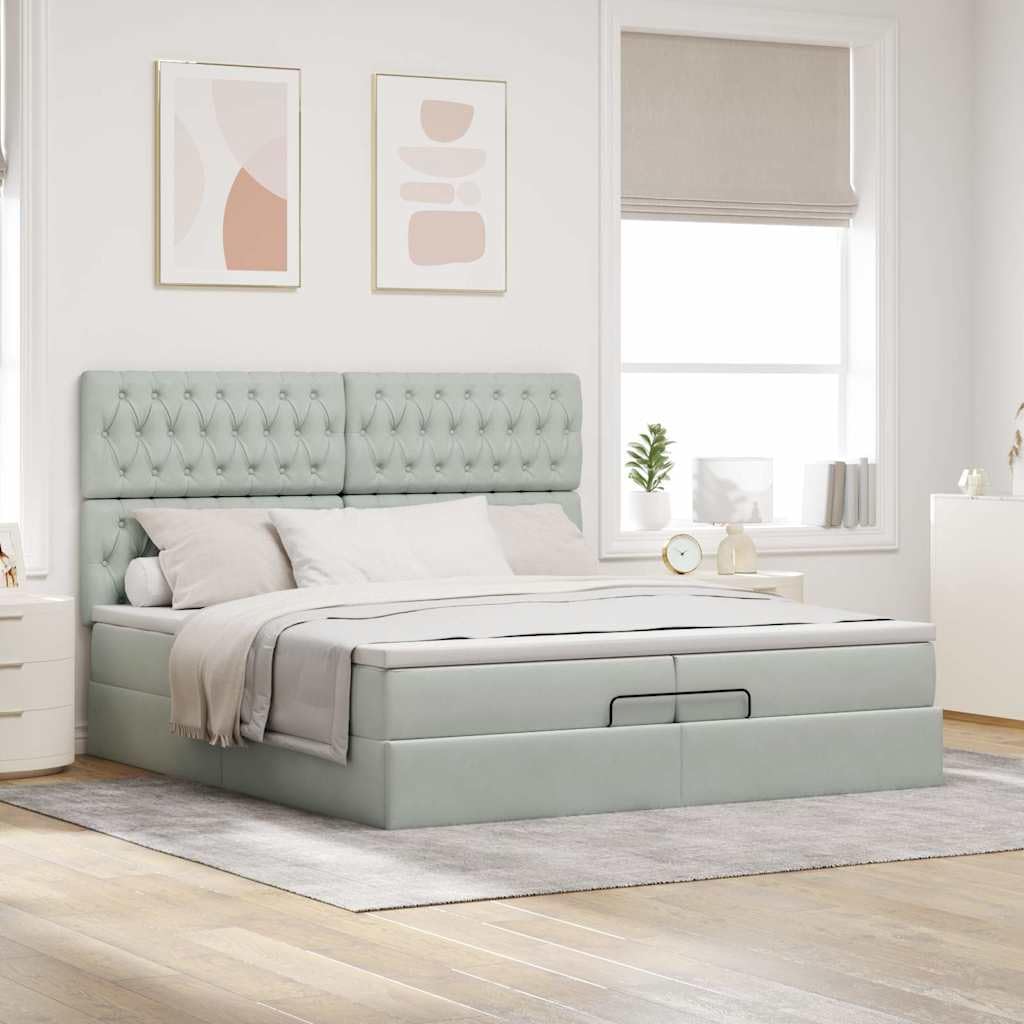 Ottoman-Bett mit Matratzen, Hellgrau 200x200 cm, Samt, Stauraum, Taschenfederkern, Schlafzimmer Möbel, Platform Bett