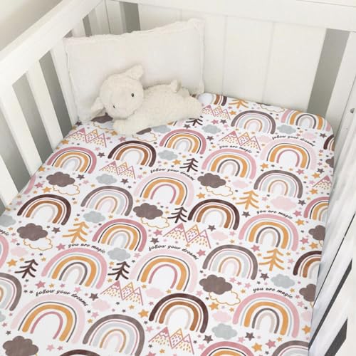 Image of Colorful Boho Rainbow Baby Crib Sheet 52''x28'' Cute Rainbow Mountain Trees Clouds Stars Fitted Crib Mattress Cover for Boy Girl Soft Bed Sheet for Standard Size Crib and Toddler Mattresses