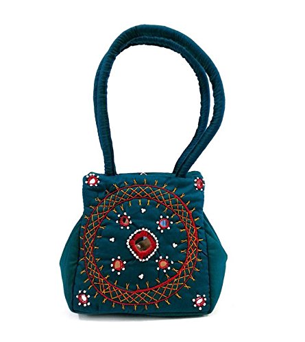 SAMOSA cut Small mirror work Bag in Rama Green-image-35