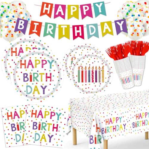 Birthday Party Decorations, 138Pcs Polka Dots Happy Birthday Party Supplies-Serves 24 with Plates and Napkins Happy-Birthday Banner Tablecloth for Boys Girls Party Decorations