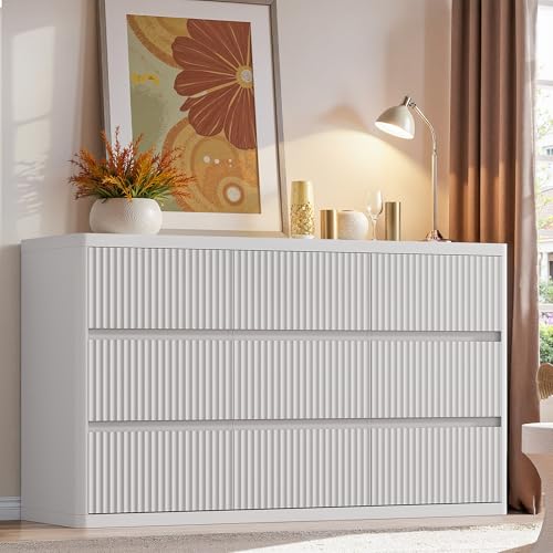 Standifurno White 9 Drawers Dresser, 57" Wide Fluted Dresser for Bedroom, Modern Chest of Drawers with Curved Profile, Handleless, Wooden TV Stand with Organizer Storage for Living Room, Entryway