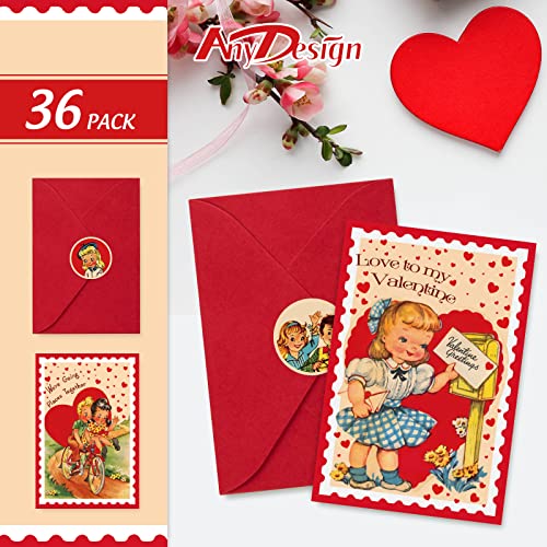 Anydesign 36 Pack Valentine's Day Cards With Envelopes Vintage Greeting Cards Retro Cartoon Hearts Blank Note Cards With Matching Seal Stickers For Wedding Anniversary, 4 X 6 Inch #TOP2