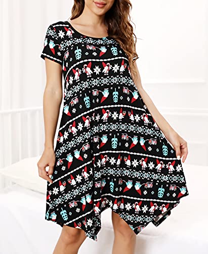 Invug Women Casual Loose Soft Crewneck Short Sleeve Pockets Swing T-Shirt Zigzag Hem Dress Christmas Patterns 3Xl #TOP2