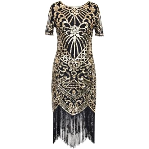FAIRY COUPLE Women's 1920s Sequined Gatsby Fringed Flapper Roaring 20s Party Dress S068 (2XL, Black Gold) Cover