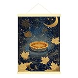 Lienzo decorativo para colgar en la pared, diseño de pastel de calabaza, tamaño mediano, hojas doradas, luna, otoño, azul marino, pintura de pared, sala de estar, dormitorio universitario, apartamento