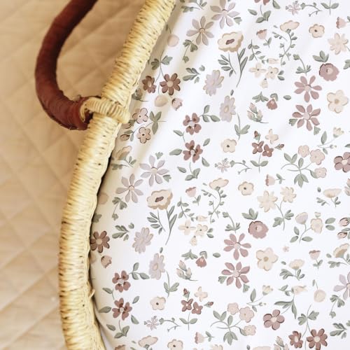 Image of Baby Bassinet Sheets Girl (Fleurette) 2-Pack - Fitted Bedside Bassinet Sheets - Buttery Soft Cotton Blend for Standard Mattress Pad - Compatible with Halo BassiNest