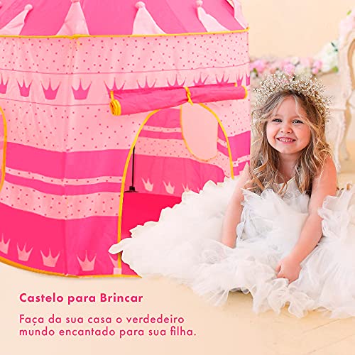 Barraca Infantil Rosa Decorada Exclusiva - Toca Castelo Princesas Dobrável Portátil para Criança