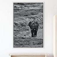 Framed Canvas Wall Art Duotone Elephants Animals Black and White Bohemian Duotone Elephants Expressive Grey Living Room Photography - 16x24 inches