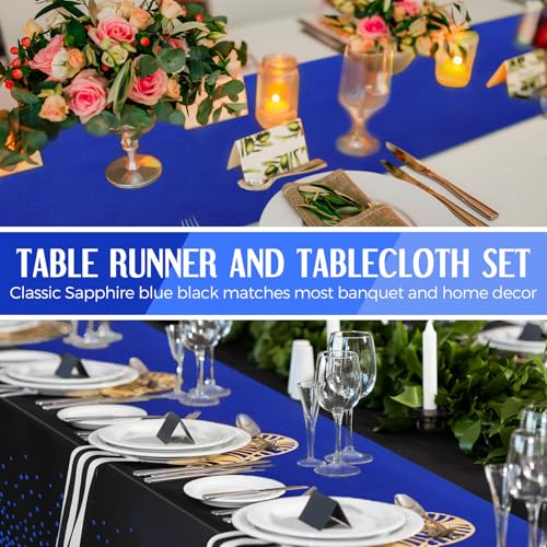 Image of Breling 16 Pack Black and Blue Disposable Plastic Tablecloths and Satin Table Runner Set, 54 x 108 Inch Tablecloth, 12 x 108 Inch Table Runners for Wedding Graduation Birthday Baby Shower New Year
