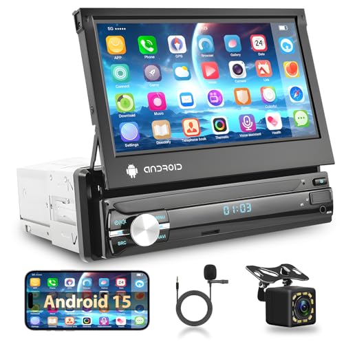 Podofo 1 Din Autoradio con A-pple Carplay Android Auto Radio, 7'' HD Touchscreen Retrattile Manuale Android 15 Car Stereo Radio con GPS/WiFi/FM/EQ/DSP/AUX/RCA + Telecamera Posteriore