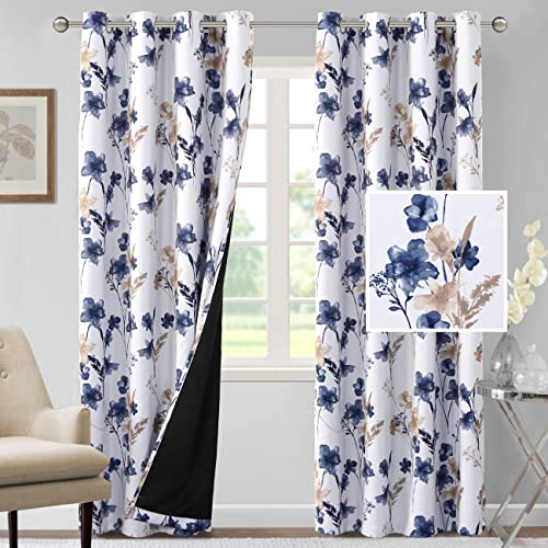 H.VERSAILTEX Juego de 2 paneles de cortinas 100 % opacas de 84 pulgadas de largo, cortinas térmicas florales Leah para dormitorio con forro negro, cortinas a prueba de sonido, azul marino y gris pardo