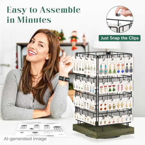 Image of EsLuker.ly Rotating Earring Display Holder Stand for Vendors Events Selling, Large Capacity 64 Hooks Jewelry Rack with Wooden Base for Earring Card Sales, Enhances Retail Visibility(Rustic Gray)