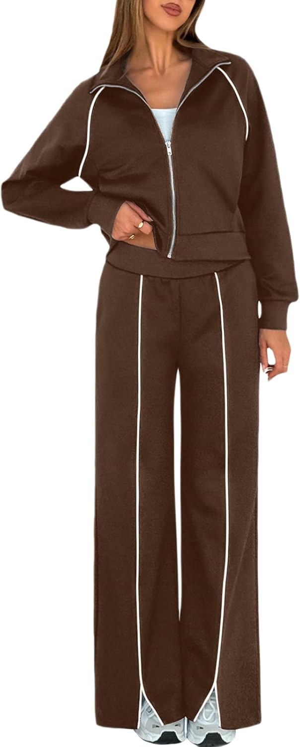 UNIANKIYA Womens 2 Piece Lounge Set Tracksuit Sweatsuits Full Zip Jacket Wide Leg Pants Matching Sets Travel Airport Outfits