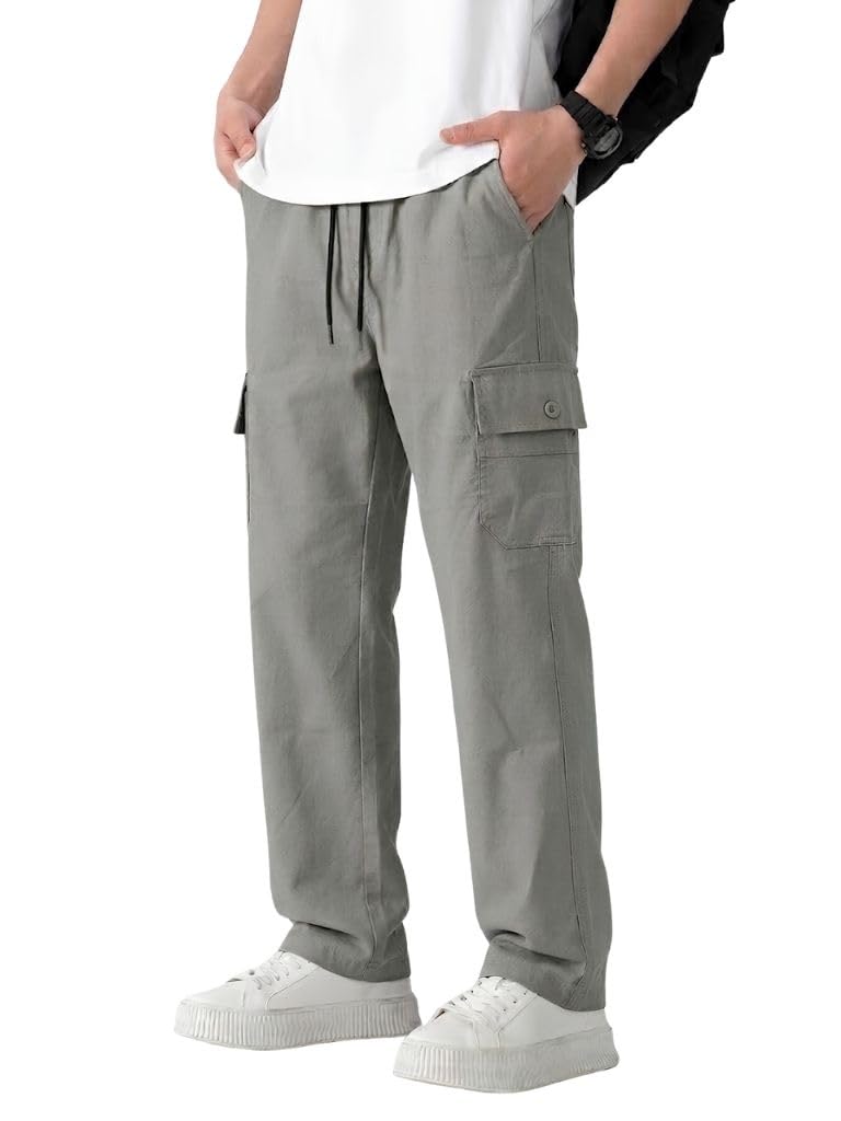smowkly Mens Cotton Cargo Pants with Multipocket |Elastic Drawstring Waist Straight Fit Bottoms | Comfortable Breathable Cargos for Casual, Office Wear-picture-31