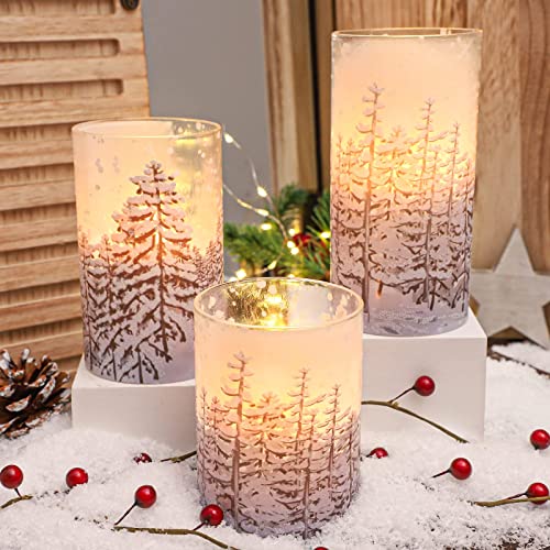 Image of Christmas Tree Flameless Candles, Flickering Battery Operated LED Candles with Remote Timer, Snowflake Iced Glass Pillar Candles for Holiday Party Home Decoration Christmas Gifts, Set of 3